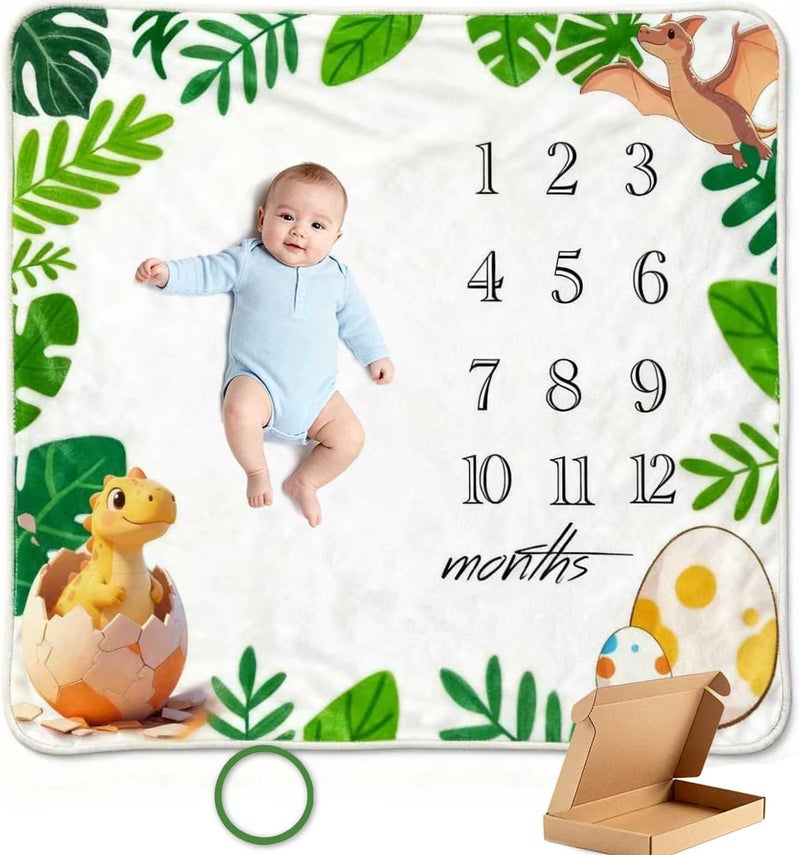 JIX SDFFAY Baby Monthly Milestone Blanket Dinosaur Newborn Month Blanket for Boy & Girl, Personalized Baby Shower Age Photo Photography Backdrop with Growth Prop Frame 45x40 Inches - Image 1